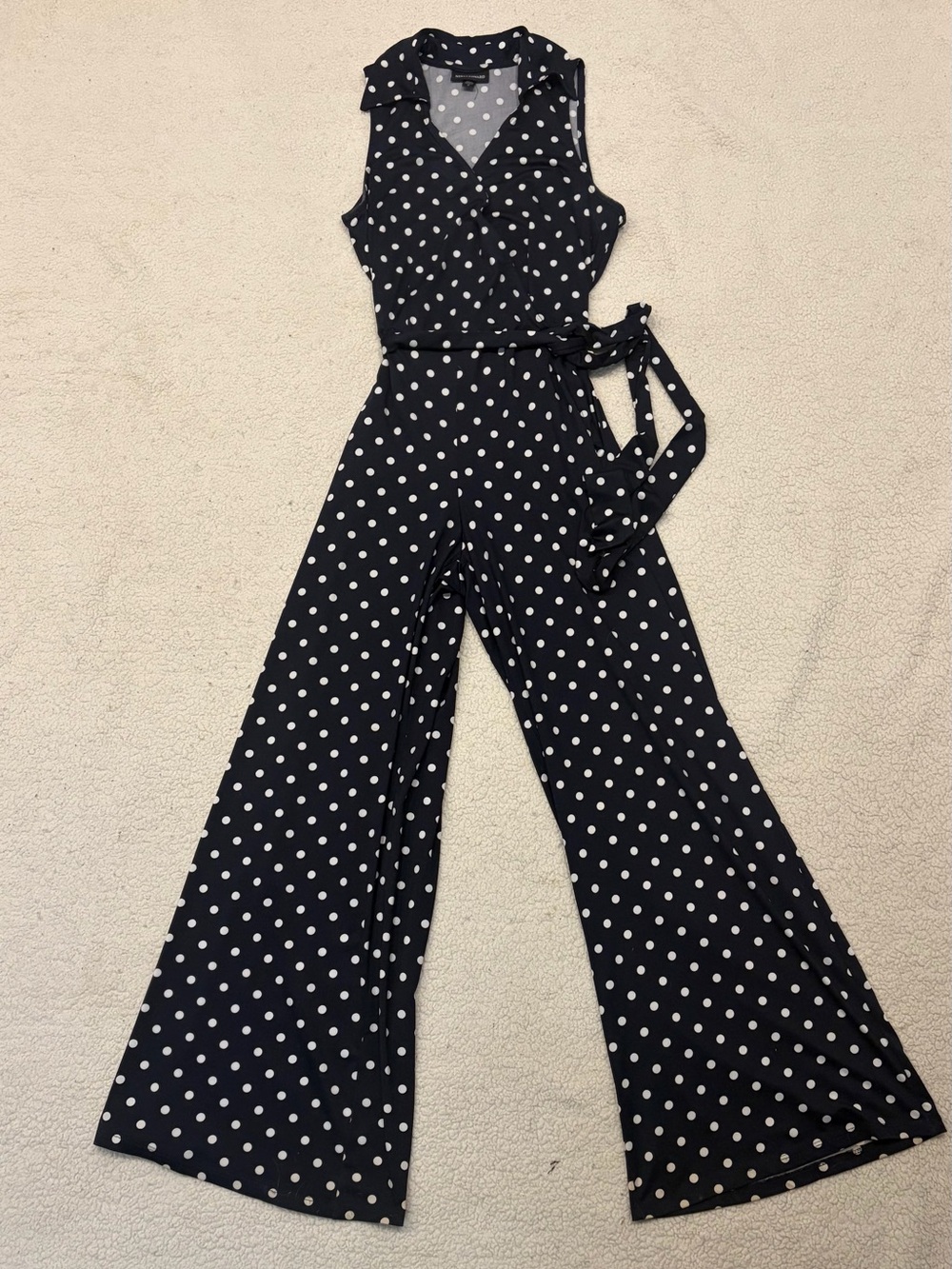 Nina Leonard Navy & White Polka Dot Collared Wrap Jumpsuit (Size S)